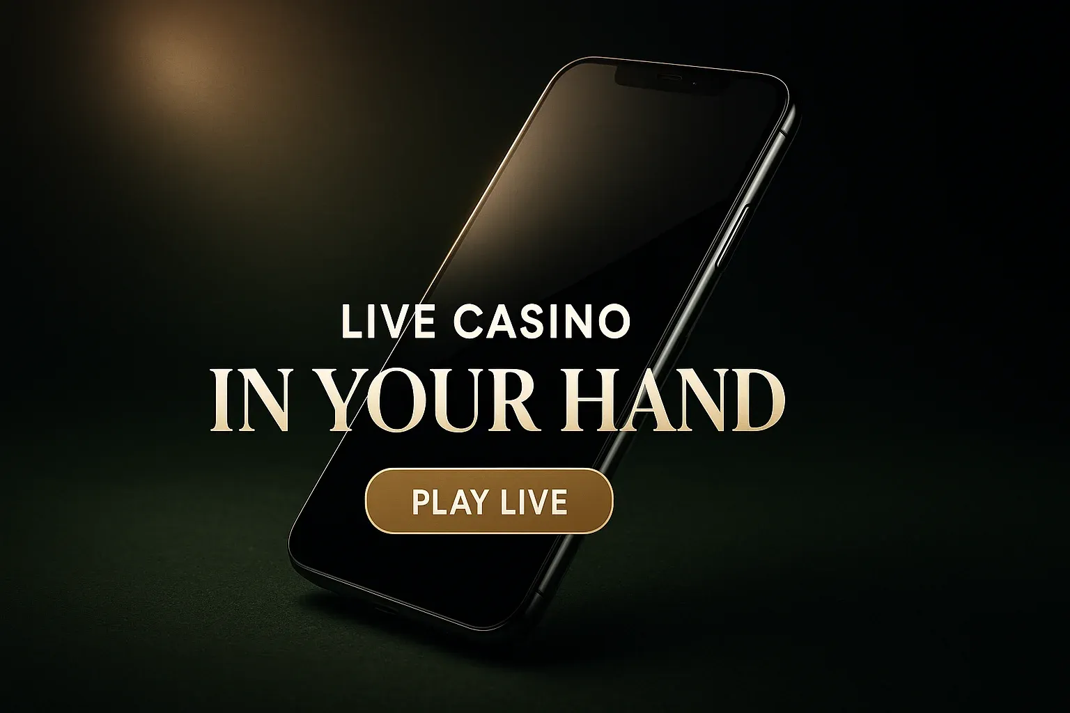 Photorealistic premium live casino banner with floating smartphone and gold CTA
