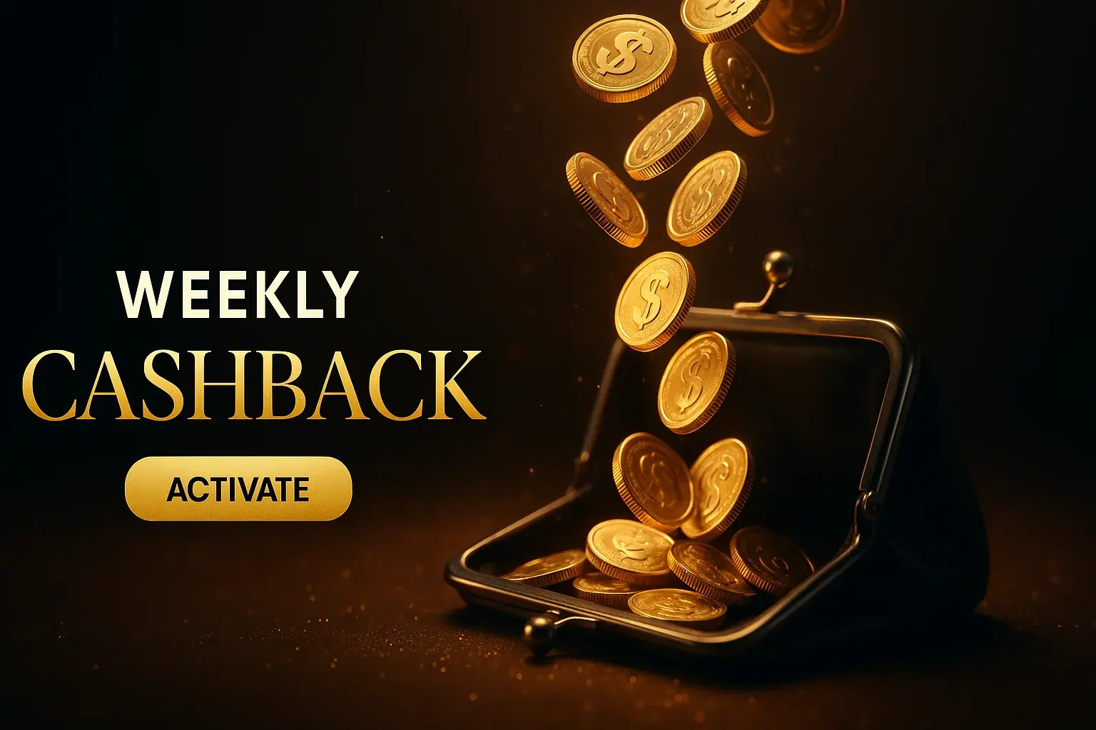 Wide casino banner with gold coins flowing into luxury wallet