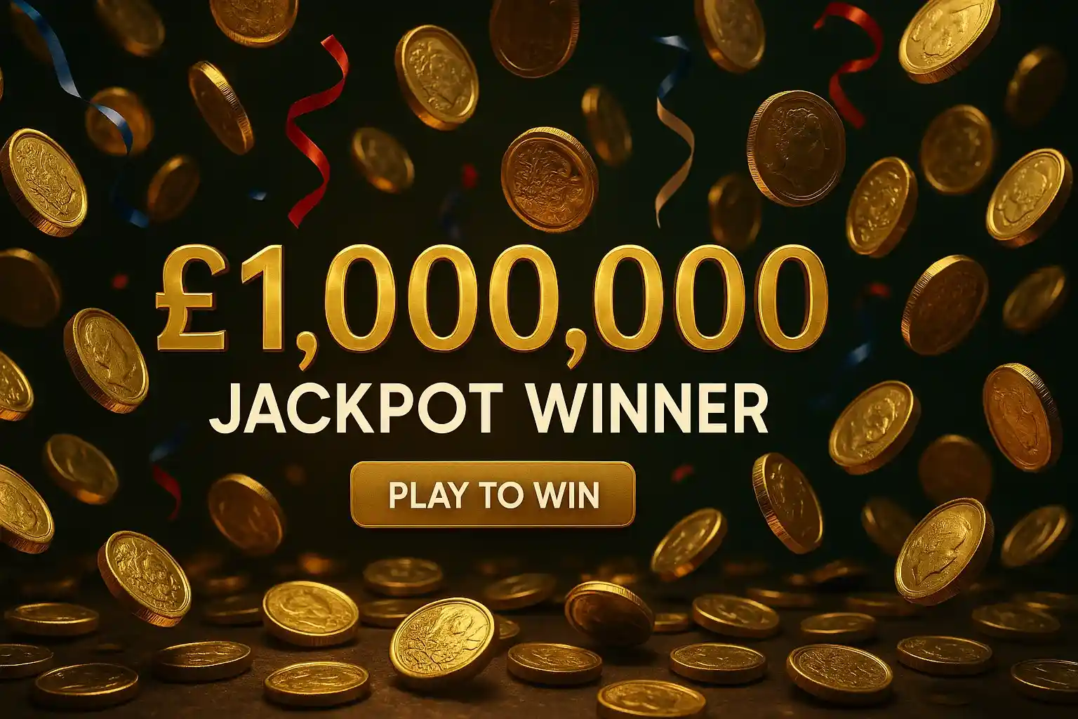 Photorealistic casino banner with gold pound coins, confetti and jackpot text