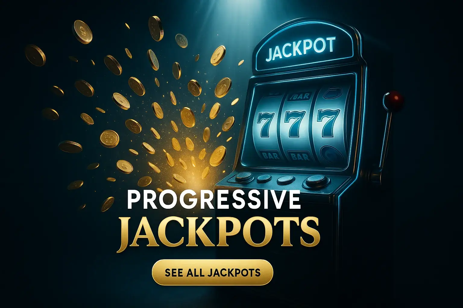 Photorealistic progressive jackpots casino banner with gold coins and slot machine