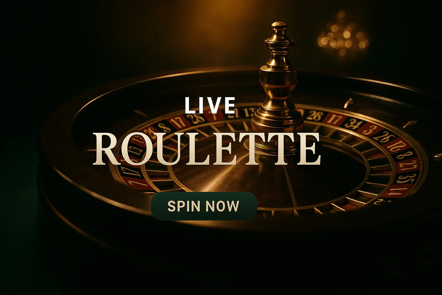 Photorealistic live roulette banner with spinning wheel, green-gold palette and CTA