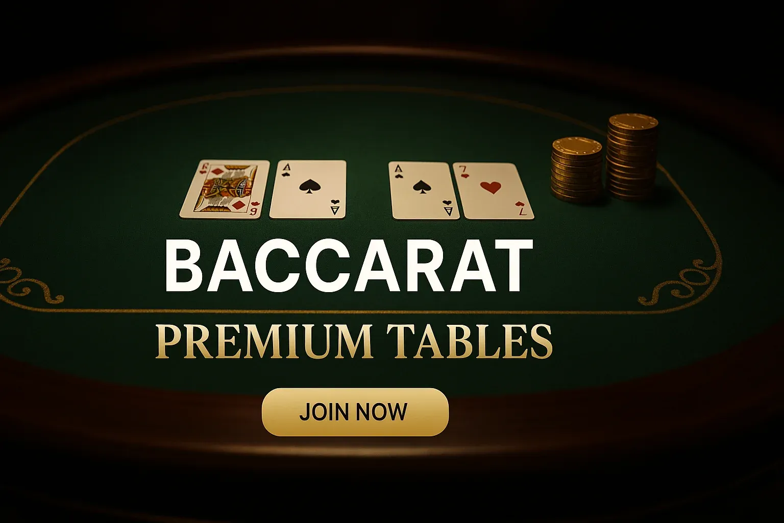 Luxury baccarat table banner with green felt, gold chips and centred text